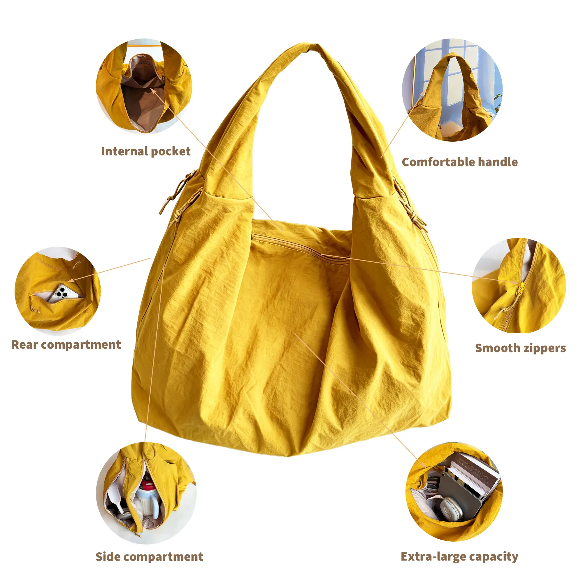 Slouchy Tote Bag Nylon Solid Pleated Handbag Men Women Large Shoulder Bag, Hobo Bag for Travel Gym Casual Commute Weekend Vacation