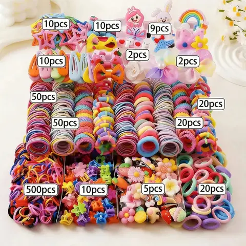 (No Box) Girls' Princess Theme All-in-1 Hair Accessories Set - Barrettes Hair Clips, Elastic Ties, Scrunchies, Cute Head Decor, Daily Wear, Birthday Gifts, Party Ready, All Seasons