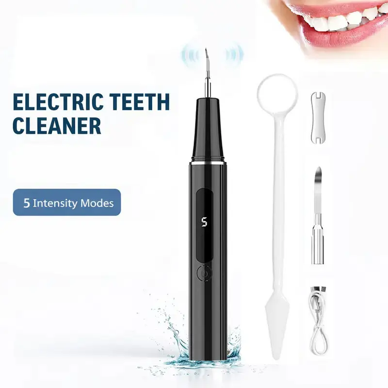 Upgraded Sonic Teeth Tartar Remover - Lightweight, Adjustable Vibration Electric Dental Calculus Cleaner with 5 Modes, IPX6 Waterproof Rechargeable Cleansing Kit with Cleansing Brush, Washable for Home or Travel Daily Plaque Stains & Oral Care