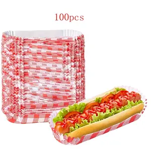 100pcs Plaid Tray Set, Vintage Style Hot Dog Serving Trays, Oil Resistant Paper Plates for Birthdays Weddings Parties Picnics