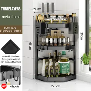 3-Tier Corner Spice Rack Organizer - Stainless Steel & ABS Kitchen Shelf with Knife Holder, Hooks, and Anti-Rust Design for Countertop Storage, for Kitchen, Office