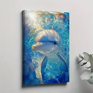 A 2D flat painting, beautiful canvas painting, dolphin smiling in the sunshine, poster, wall decoration, living room, decorative painting, solid wood frame, 11.81* 17.72inch