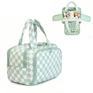 Fashion Checkered Toiletry Bag, Spacious Checkered Makeup Bag for Women,Large Portable Open Flat Toiletry Case Lightweight Travel Cosmetic Makeup Bag Organizer for Accessories,Toiletries Ideal for Business Trips, Vacations, Gym, Camping,Home Storage