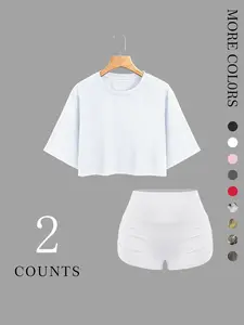 Women's 2-Piece Crop Top & Shorts Set, Oversized Short Sleeve Tee, High-Waisted Ruched Yoga Shorts, Trendy Casual for Workouts & Streetwear, Athleisure Outfit