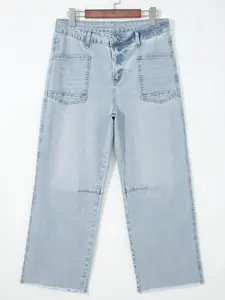 Women's High Waisted Cropped Jeans Straight Leg Denim Pants Casual Wide Leg Frayed Raw Hem Jeans with Patch Pockets