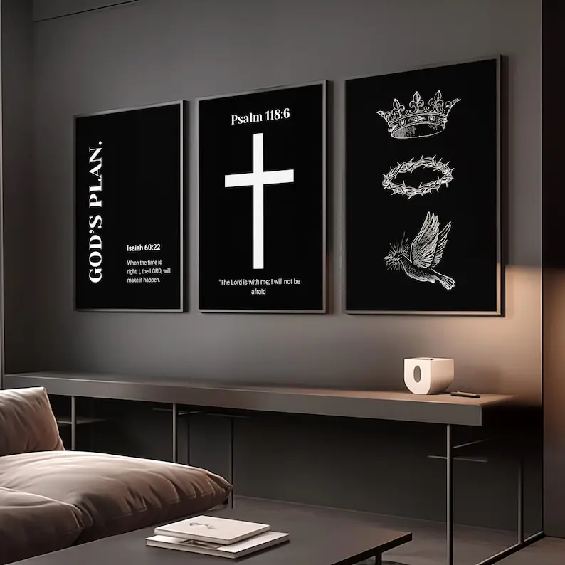 Black Christian Glossy Photo Wall Decor Accessories - Minimalist Bible Verse Frameless Hanging Posters & Prints, Unisex Religious Gifts for Apartment Room Decorations (Frame-Not-Included)
