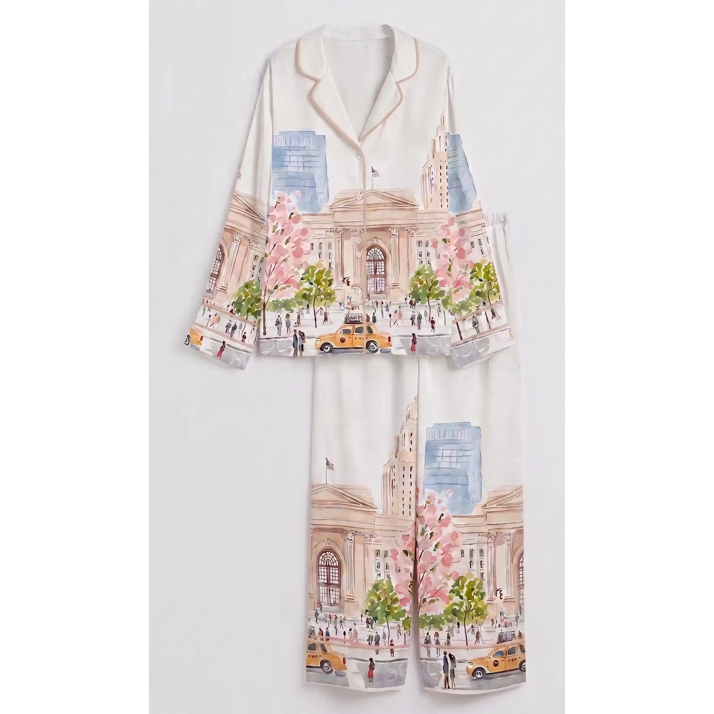 New York Pajama Set, NYC Cityscape Loungewear, Botanical Cherry Blossom Pjs, Gift for Her, Long Short Pajamas