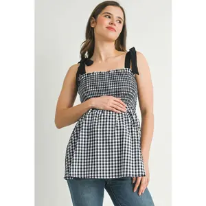 Gingham Smocked Tie-Strap Maternity Tank Top