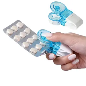 Portable Pill Aid Extractor, Mini Pill Cutter with Storage Box, Ideal for Seniors & Arthritis Sufferers, Easy Press Protein Pills Tool, White And Blue Color Matching