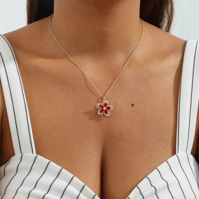 VENOCO Women's April Birthstone Redbud Flower Necklace - 14K Gold-Plated Silver Rotatable Crystal Pendant, Adjustable Spinning Fidget Decompression Choker, Summer Whimsical Jewelry for Women, Quirky Whimsical Cool Gifts for Adults, Girly Feminine Items