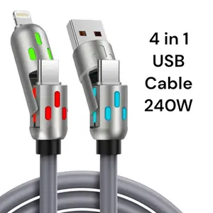 Vayufy 4-in-1 Multi USB Charging Cable 240W Fast Charging & Data Sync for iPhone 16/15, iPad Pro, Samsung, and Laptops with Intelligent LED Status, 4 feet long