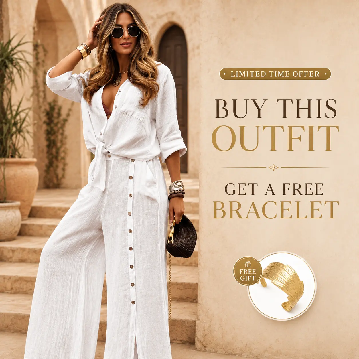 Women's Minimalist 2-Piece Korean Casual Fashion Garment Set - Solid Long-Sleeve Tie-Hem Shirt, Wide-Leg Pants, Free Matching Bracelet, Plus Size, Loose Fit, Basic Brown Lady 2-Piece Women's Clothes Set