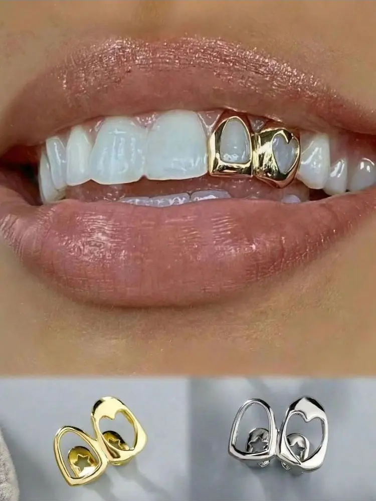 Hollow Love Teeth Grillz Double-Sided Braces Bright Golden/Silver Accessories Everyday Wear Gift for Women Heart Shaped Brackets Metallic Oral