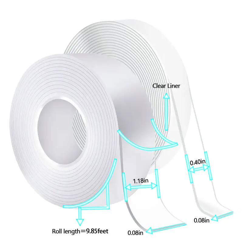 2 Rolls Double Sided Tape Heavy Duty(9.85FT) - 1.18in + 0.40in Width, Strong Adhesive, Transparent & Waterproof | Multipurpose Self-Stick Tape for Hom