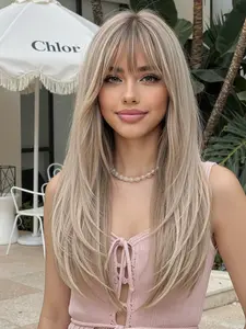 20inch  Light Ash Blonde Straight Wig | Heat Resistant Fiber ✨ Full Bangs Style
