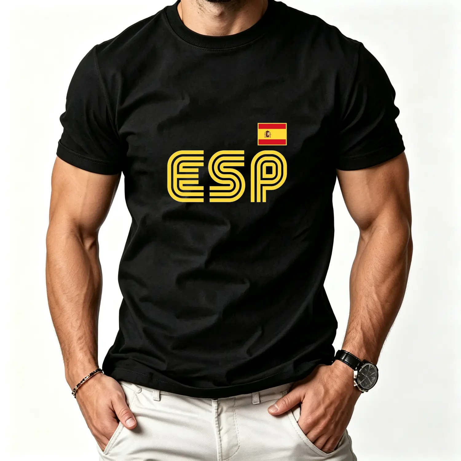 Spain Flag Retro International Country Espana Spaniard Pride Cotton T-shirt 100 Percent Tee Birthday Fathers Day Gifts Memorabilia Clothing Casual Summer Wear Vintage Style Tee Soft Fabric Graphic T-Shirt Short Sleeves Crew Neck Casual Fit