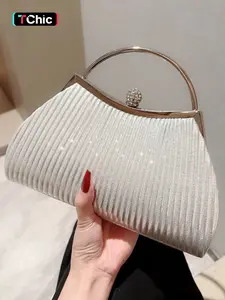 Elegant pleated evening clutch purse, women's clutch for weddings and parties, crossbody bag with detachable strap, wallet, round clasp adorned with rhinestones, Embellished Clutch