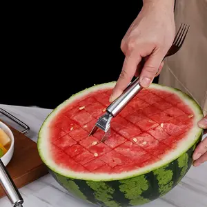 2 Pack Watermelon Fork Slicer, 2-in-1 Stainless Steel Fruit Cutter, Dual Head Slicer Fork Knife, Portable Kitchen Gadget for Watermelon Cubes & Fruit Prep