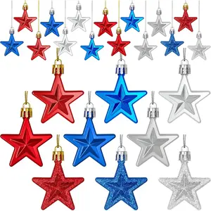 24PCS Patriotic Star Shaped Ornaments, 4th of July Decorations for Tree, Pre-Assembled Red Silver and Blue Star Ornaments, 250 Anniversary USA Merchandise for Memorial Day Fourth of July Party Decor