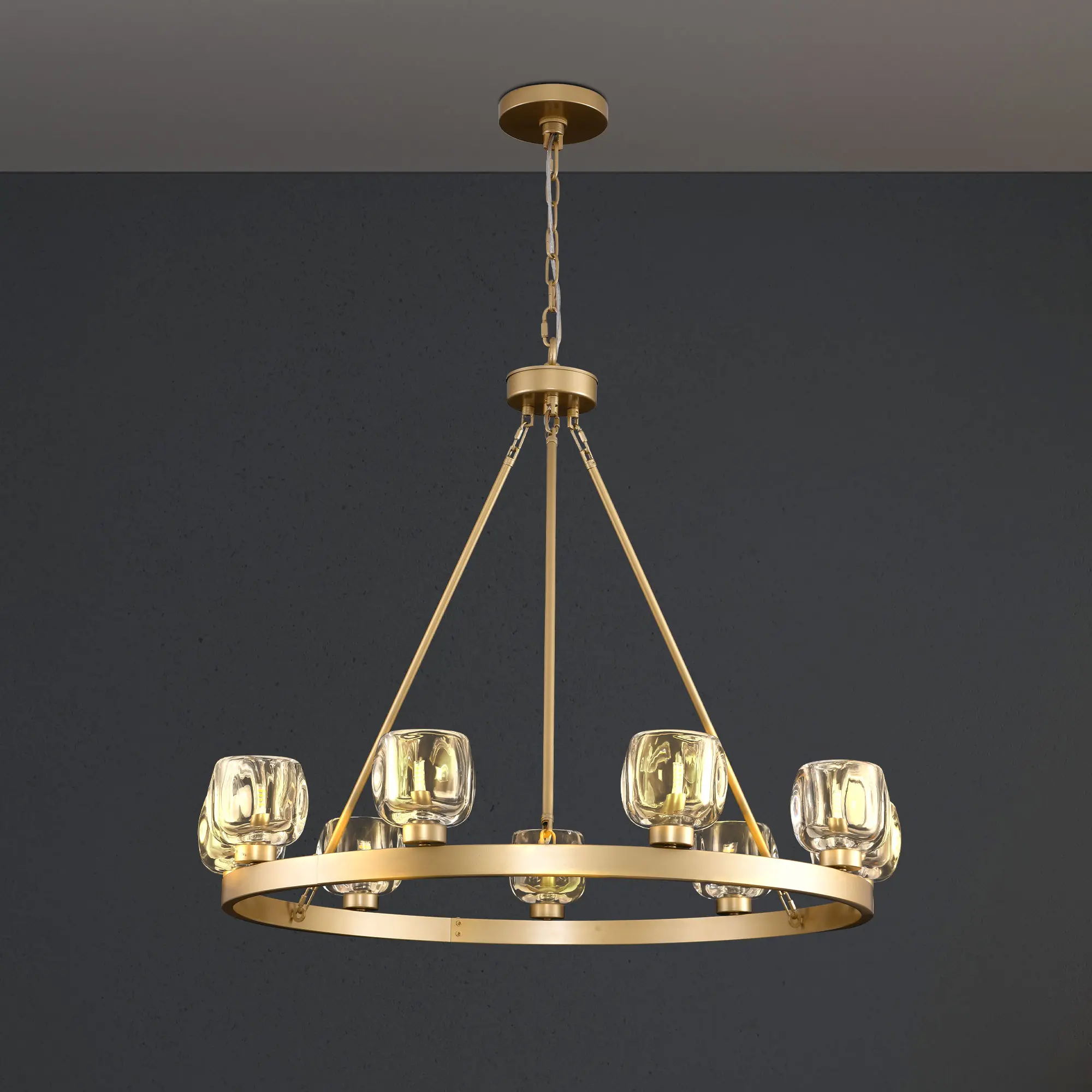 9-Lights 36 in. Dimmable LED Wagon Wheel Black Chandelier with Glass Shade for Dinning Room Kitchen Island Foyer