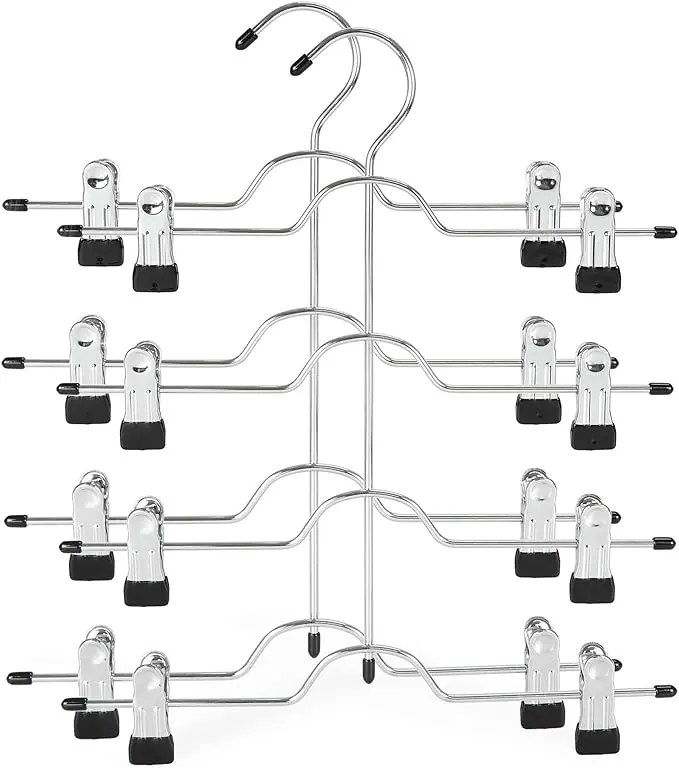 HANGER 4 Tier Metal Skirt Hangers for Women, Pants Hanger Space Saving with Adjustable Clips Plastic Pack Organiser Hanging Slide