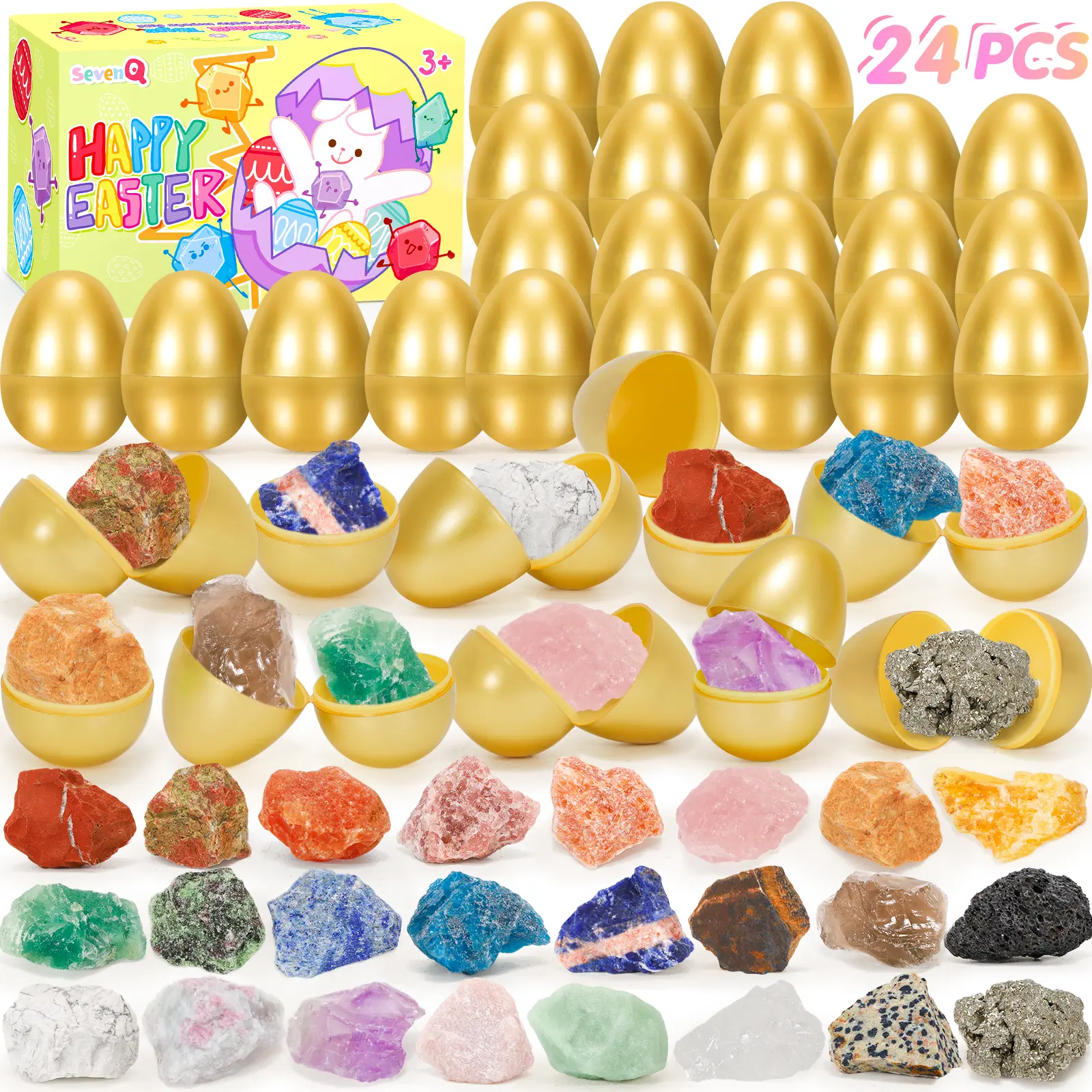 Easter Basket Stuffers Easter Eggs with Natural Crystal Rocks Raw Stone 24Pcs, Gifts Hunt Games Easter Gifts for Kids Party Favors summerwins