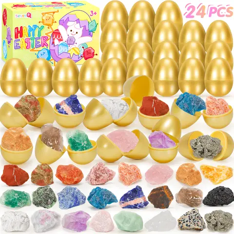 Summerwins 24Pcs High-Quality Easy-to-Fill Plastic Hinge-Open Easter Eggs Filler Set with Natural Crystal Rocks, Raw Stones, Bright Surface - Unisex Basket Stuffers for 3-4 Years Kids, Trick or Treat Bags, Classroom Rewards