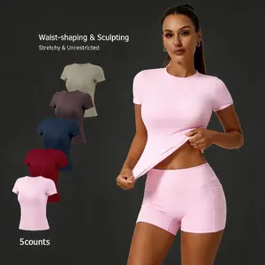 Snatched Slim Fit Workout Set for Women Round Neck Stretchy Yoga Gym Outfit Flattering Body Contouring Athletic Wear Waist-shaping & Sculpting