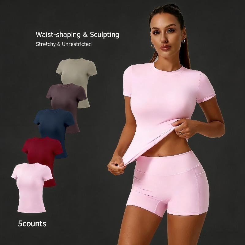 Snatched Slim Fit Workout Set for Women Round Neck Stretchy Yoga Gym Outfit Flattering Body Contouring Athletic Wear Waist-shaping & Sculpting