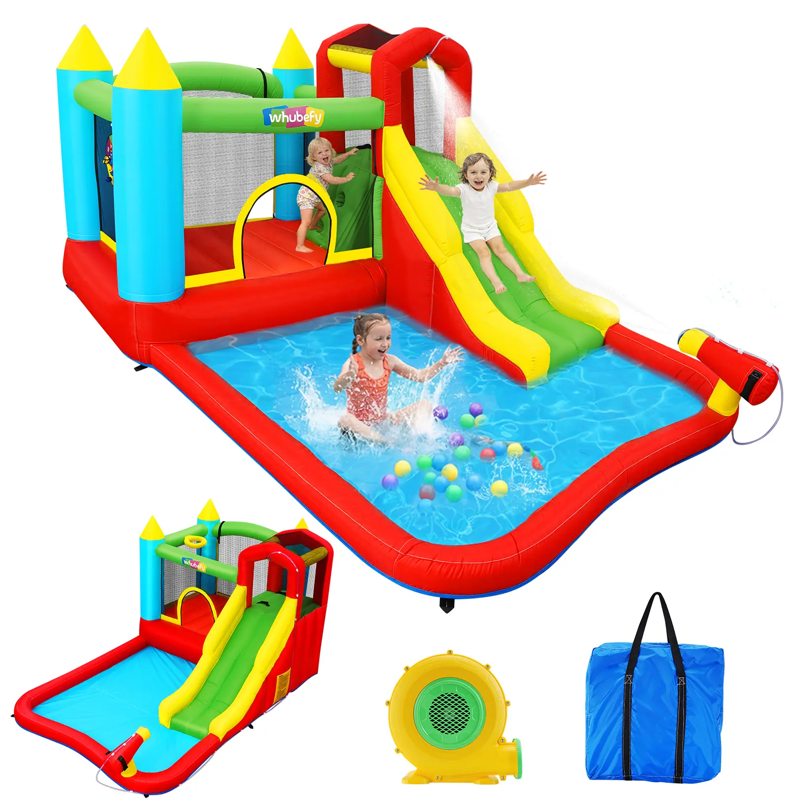 AKEYDIY Inflatable Bounce House, Wet & Dry Use, Includes Blower.Features water slide, climbing wall, basketball hoop & water gun. Indoor & outdoor, all-season fun. Perfect kids birthday gift, great for parties, mothersdaygift