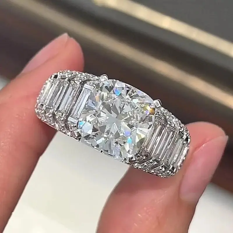 Jzora Cushion Cut Wedding Ring with Baguette Accents Luxury Anniversary Jewelry Gift For Men and Women
