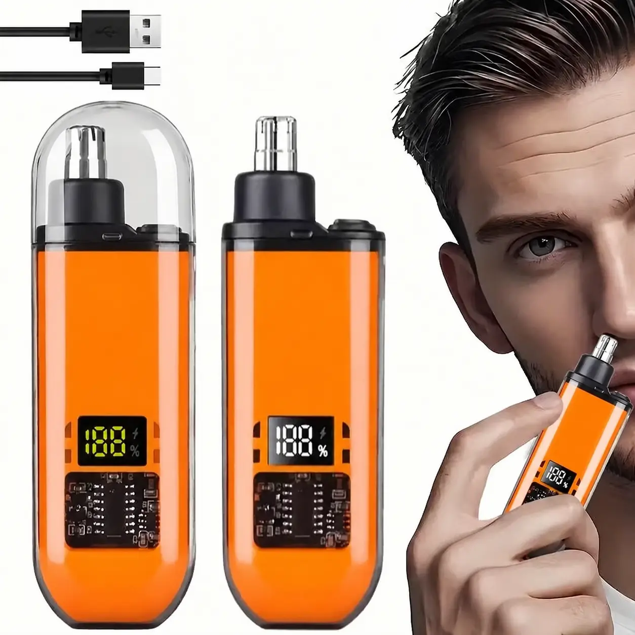 Electric Nose Hair Trimmer, Professional Painless Eyebrow & Facial Hair Trimmer for Men Women, Led Display Nose Clipper, Nose and Ear Hair Trimmer Travel, Easy to Clean, Gifts for Men Women【Orange】