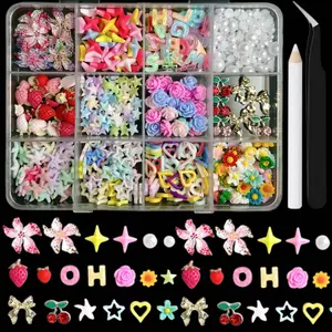 1Box Macaron Colored Star Heart Flower Resin Nail Charms Simulated Strawberry English Letter Alloy Cherry Bows Nail Art Decorations for DIY Cup Nails Materials