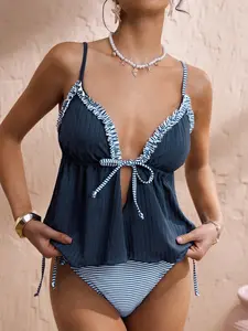 Nautical Style Tankini Swimsuit, Striped Top with Ruffle Hem, Slim-Fitting Two-Piece Beach, All Seasons Casual Wear, Tankini Set