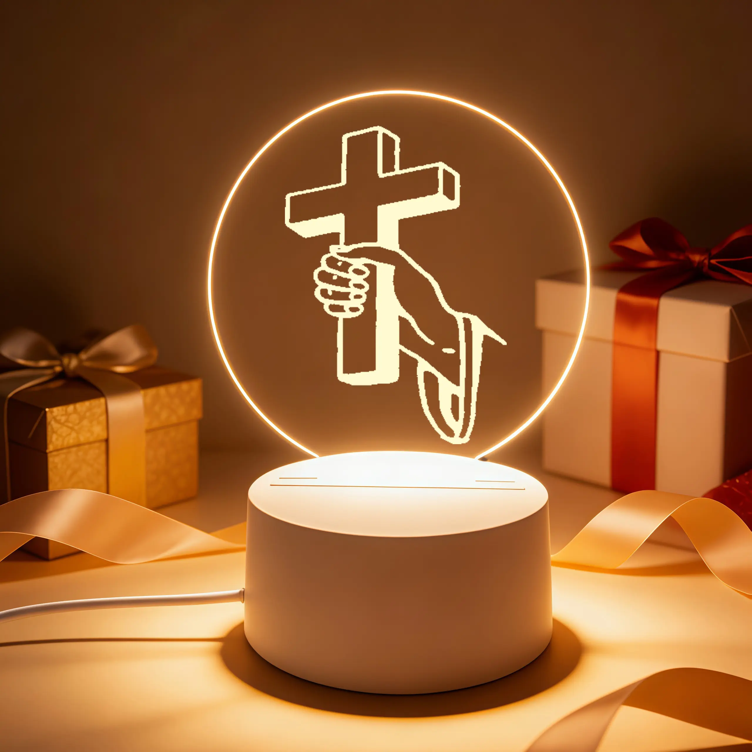 Hand Holding Christian Cross 2D Flat Round Acrylic Night Light, Faith Engraved LED Bedside Lamp, Religious Gift for Baptism Confirmation Thanksgiving Christmas