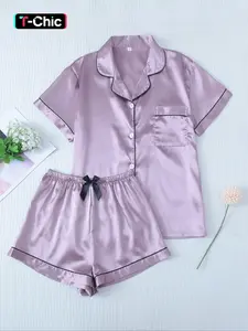 Two-Piece Set Women's Contrast Binding Lapel Pocket Shirt & Elastic Waist Shorts Satin Pyjama Set, Button Front Short Sleeve Top & Bow Decor Shorts PJ Set, Summer Sleepwear Set Pajamas Loungewear