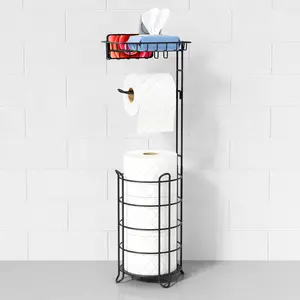 Free Standing Toilet Paper Holder Stand with Phone Shelf and Wipes Storage, Matte Black Freestanding Bathroom Tissue Dispenser, Floor Toilet Paper Holder with Tray for Large Mega Rolls