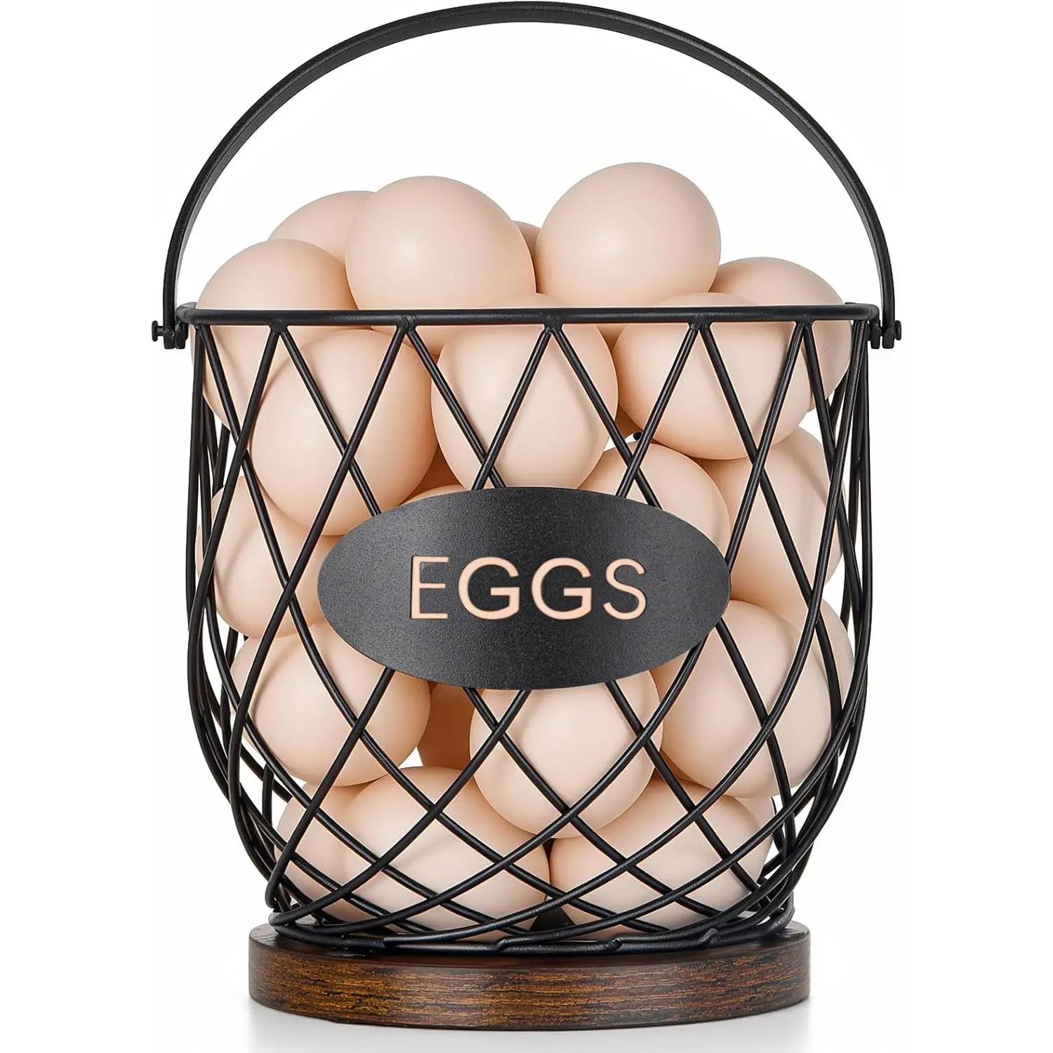 Chicken Egg Basket for Gathering Fresh Eggs with Metal Handle, Wire Egg Collecting Basket with Wooden Base, Round Egg Holder Countertop, Vintage Rustic Farmhouse Kitchen Decor Fruit Storage