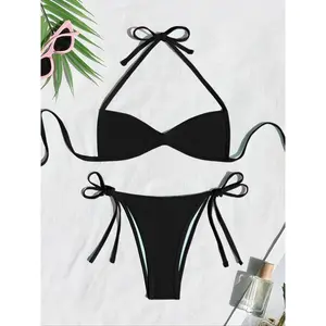 Two-piece Set Women's Plain Bikinis for Summer, Solid Color Halter Tie Back Bikini Top & Tie Side Bikini Bottom, Gothic Bikini, Bathing Suits 2025 for Women, Swimsuit for Women,  Halter Neck Bikini, Bikinis Sets, Swimsuit Style Bikini