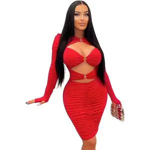 Friday Night Cocktails Cutout Mini Dress Womenswear Ruched Casual Stretchy Long Sleeve