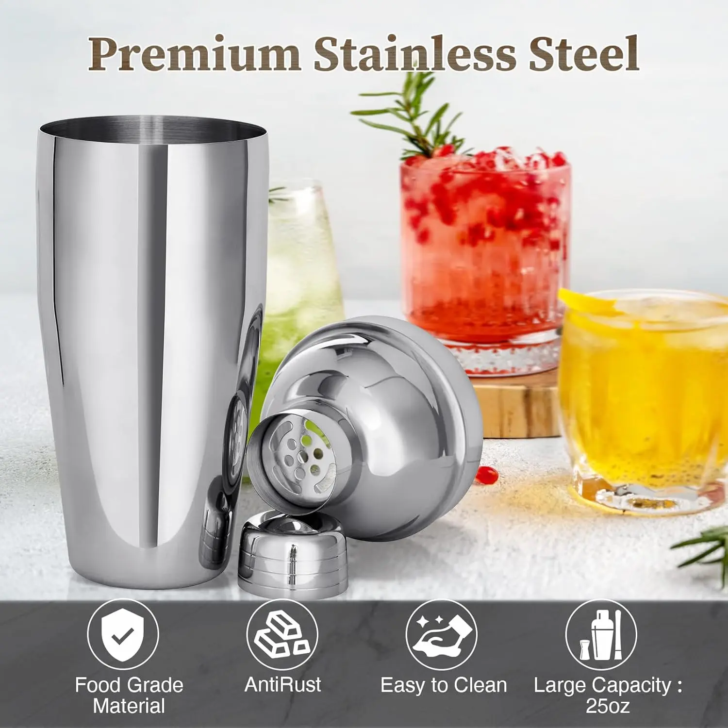 15PCS Cocktail Shaker Set, 750ml/25oz Bartender Kit with Stand & Recipes, Bar Tools Set with All Bar Essential Accessories,Martini Shaker Bartending Kit, for Drink Mixing Home Bar Party, Silver muddler