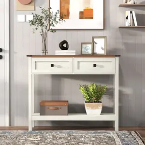 A farmhouse style console table with 2 drawers and a bottom storage rack, versatile: The 4-pLeg storage table can be used as a console table, sofa table, entrance table, small TV table, coffee bar table, or display rack for bedrooms, living rooms, and d