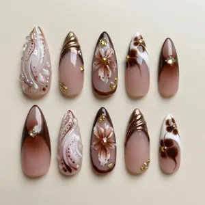 Brown Chocolate Marble Press On Nails: 3D Shell Floral Unique Elegant Luxury Gift