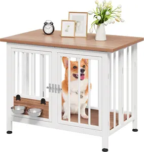 YITAHOME 33" /39.3" Foldable Dog Crate Furniture, Portable Wooden Kennel End Table with Adjustable Feet & 360° Rotatable Bowls, Perfect for Small to Medium Dogs, Brown/ Blue