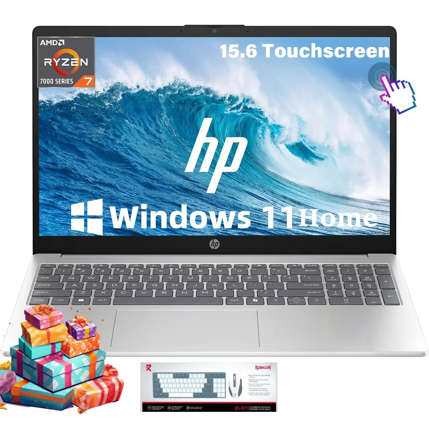 HP 15.6" FHD Touchscreen Laptop - AMD Ryzen 7 7730U, Up to 32GB RAM, 1TB SSD, built-in bat., d1523, Multiple Ports, Copilot AI Key, WiFi 6, Fast Charge, Windows 11 Home, Thunderbolt 2 Laptop for Business Users, Portable with Accessory Bundle