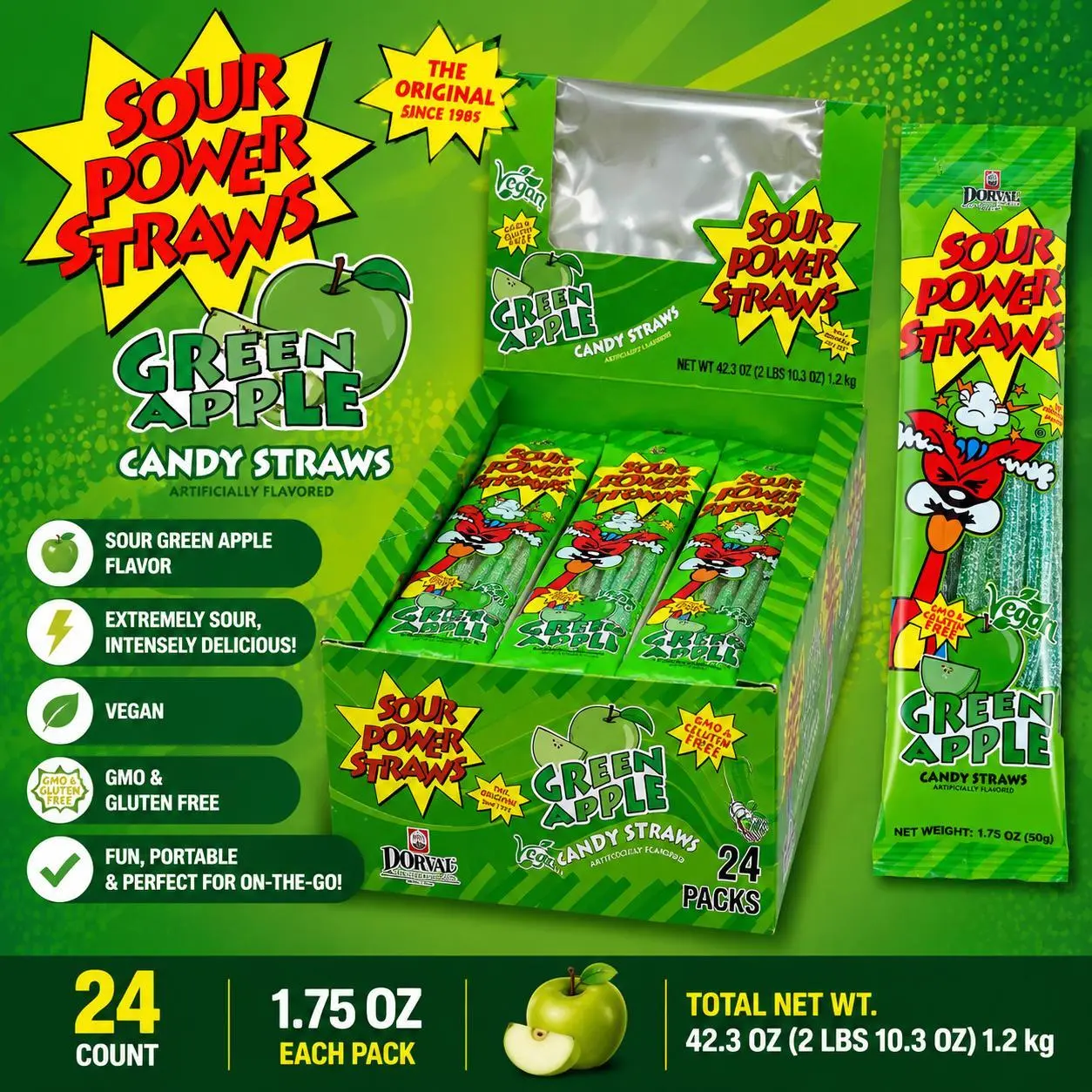 Sour Power Straws Green Apple 24 Count 1.75 ounce