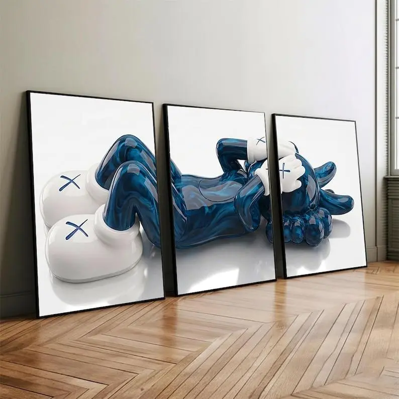 [No frame] Trendy Blue Glass Companion Wall Art Set - Liquid Marble Character Triptych Print Posters - Modern Hypebeast Room Decor