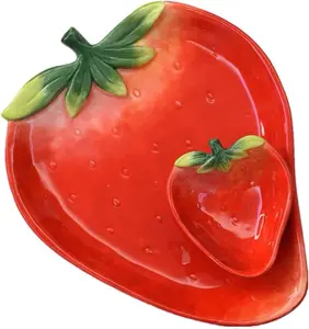 Ceramic Red Strawberry Chip and Dip Serving Trays, Appetizers and Cheeses Serving Platter, Ideal for Snacks, Veggies, Fruit-11inches