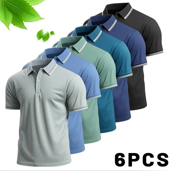 Men's 6-Pack Contrast Collar Polo Shirts - Colorful Short Sleeve Button Closure Mens Basics, Activewear & Sports Clothes, Buttoned Short Sleeve Polo Shirts, Colorful Button Closure Polo Shirts