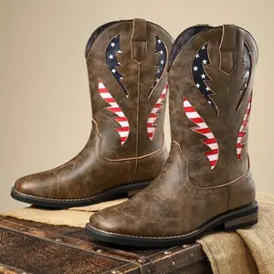 Men'S Vintage American Flag Western Boots - Black High-Top Cowboy Boots with Star & Stripes Design, Slip-On Style, Rubber Sole, All-Season Wear, Casual & Outdoor Boots|Vintage Western Boots|Rubber Sole Boots Walking Shoes Footwear